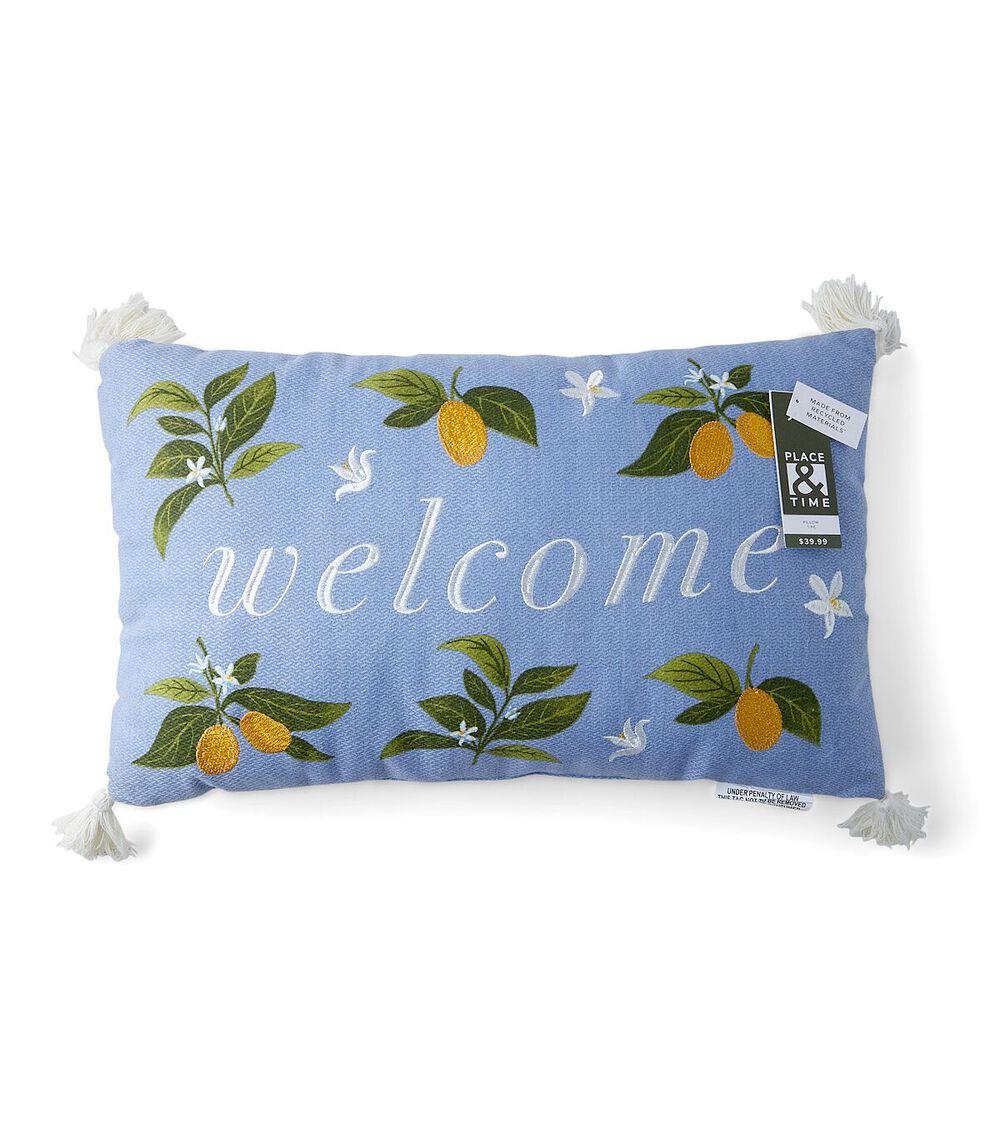 12″ x 20″ Spring Welcome & Kumquats on Blue Pillow  |   Home Decor Home & Decor Home Decor